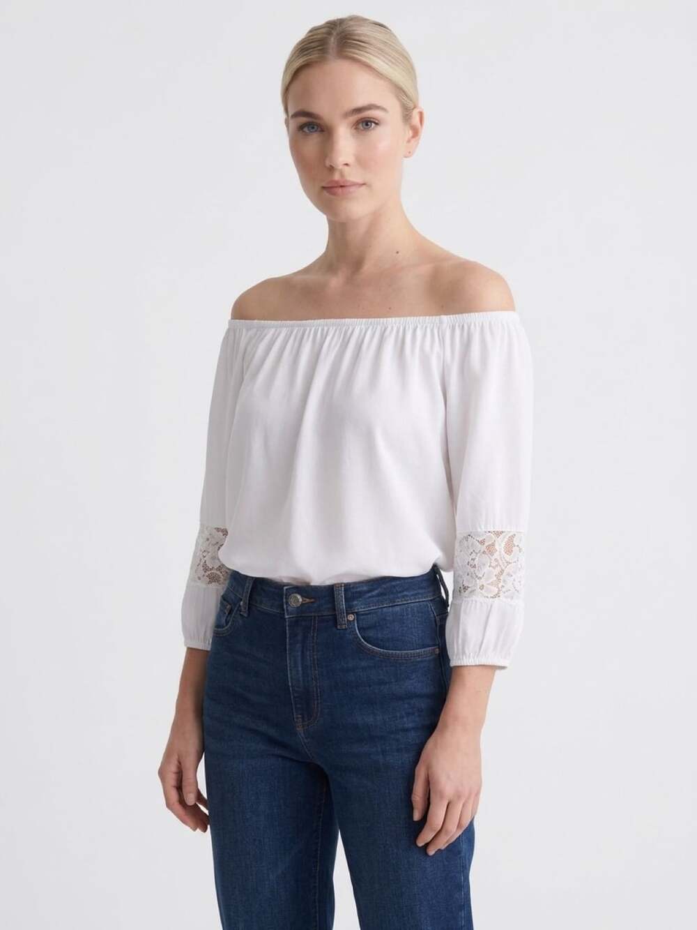Ambiance Off The Shoulder Blouse Size M White Lace Trim Sleeves